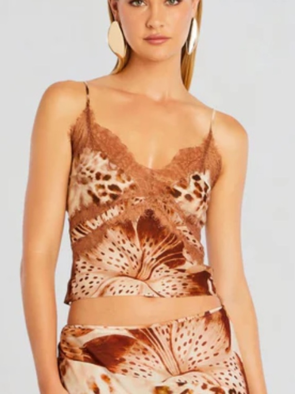 Retrofete Milly Top Vintage Mix Print Brown White Lace-Trim silk Cami Revolve L